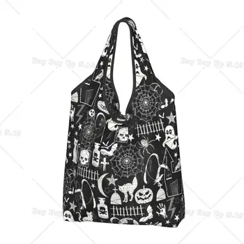 Реколта пазарска чанта с котка-паяк на Хелоуин, дамски модерна чанта за пазаруване в стил готик вещици, чанта за пазаруване с голям капацитет