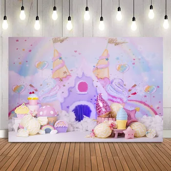 Сладка поничка, конфетный къща, фон за снимки на тема леденца, на Фона на фотобудки за рожден ден, банер, клаксон за сладолед, Фотобудка