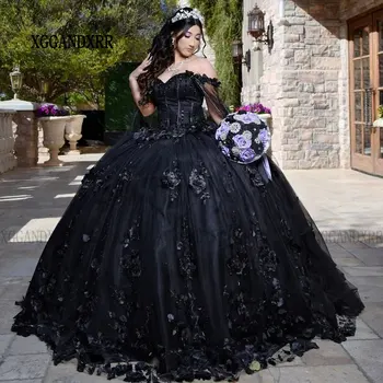 Сладки Черни Рокли Quincenara 2024 Мексико Vestidos De 15 Años Quinceañeras с 3D Цветен Модел на XV Brithday Party Dress Sweet 16 Dress