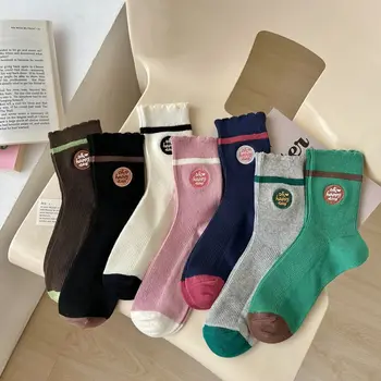 Шарени цветни чорапи в стил мозайка за жени, Памучни чорапи със средна дължина, с волани, къси чорапи до глезените sokken vrouwen
